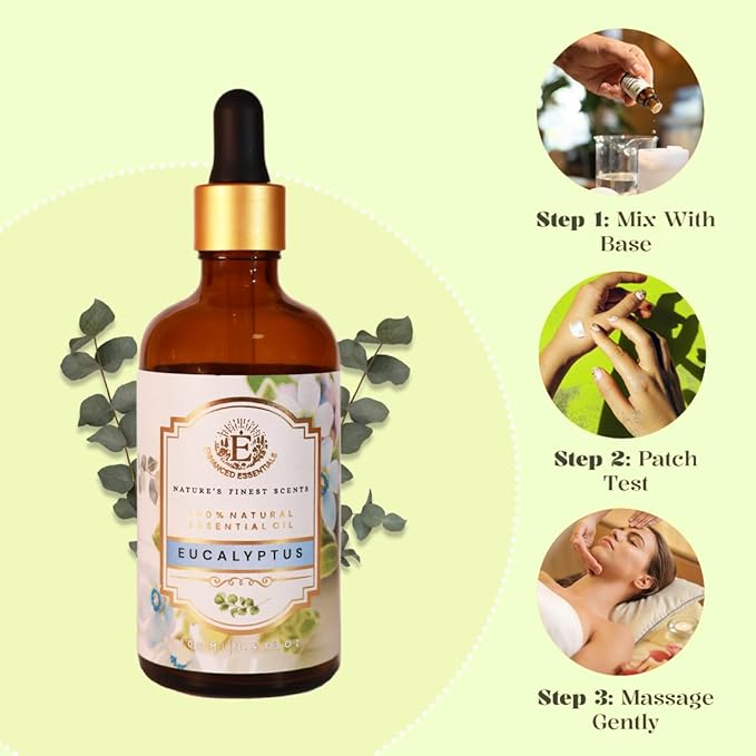 Luxurious Eucalyptus Essential Oil by Enhanced Essentials|Highly Concentrated,Organic & Slow Distilled Oils for Home,Diffusers,Bath,Gifting,Soap & Candle Making|Ideal for Business| 3.38 fl oz (100 ml)