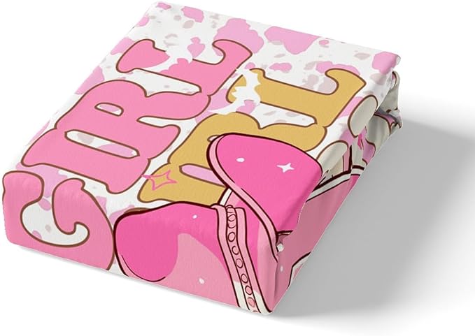 Western Cowgirl Fitted Sheet,Full Size Pink Cowboy Hat Glitter Planet Ball Collections,Rustic Pink Cowhide Cow Fur Print Bedding Deep Pocket for Children Teens Young with 2 Pillowcases