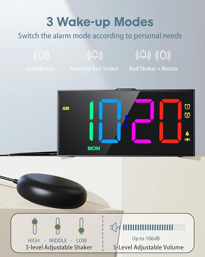 Roxicosly RGB Display Vibrating Alarm Clock with Bed Shaker for Heavy Sleepers Adults, 7-Level Dimmer, Dual Alarms with Weekday & Weekend Mode, Large Digits, Snooze, USB Charger, Battery Backup