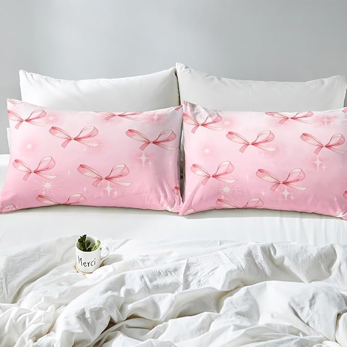Manfei Pink Bowknots Bed Sheet Set 3 Pieces,Glitter Starry Bow Dreamy Microfiber Bedding Set Without Flat,Princess Fairy Tale Theme Bow-tie Girly Fitted Sheet,2 Pillow Cases,Full Size
