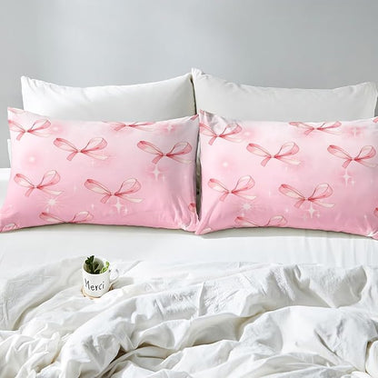 Pink Bowknots Fitted Sheet Set with 2 Pillowcase,Glitter Starry Bow Dreamy Microfiber Mattress Cover,Princess Fairy Tale Theme Bow-tie Girly Bed Cover Queen Size