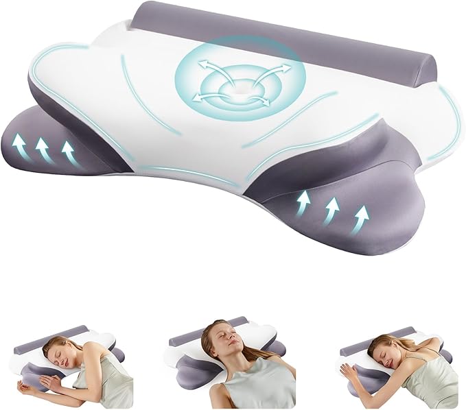 Sweetcrispy Cervical Neck Pillow - Contour Memory Foam Pillow for Neck Pain Relief with Cooling Pillowcase, Ergonomic Orthopedic Support for Side Back Stomach Sleepers, White & Grey