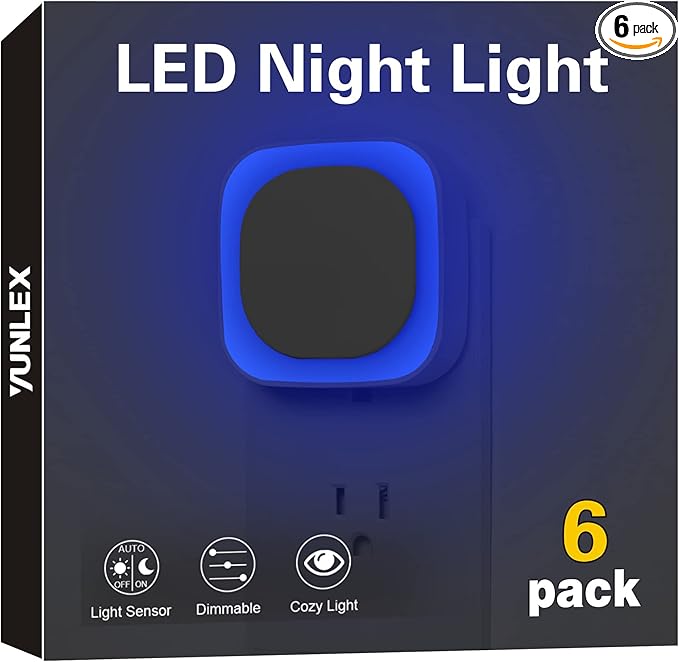 6 Pack Plug in Dimmable Night Light, Blue Nightlight, Auto Dusk to Dawn Sensor, LED Night Light, Soft Glow, Diffused Light for Bathroom, Hallway, Stairs, Kitchen, Bedroom