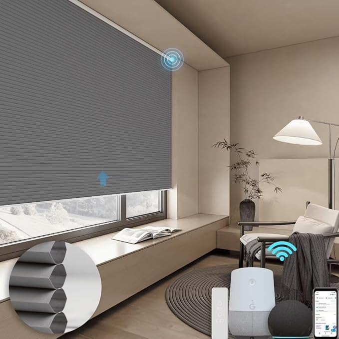 Motorized Cellular Shades with Remote, Blackout Smart Cellular Shades Compatible with Alexa, Cordless Honeycomb Window Blinds for Bedroom Home Office, Custom Size, Blackout Light Grey