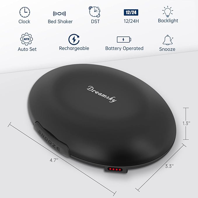 DreamSky Vibrating Alarm Clock for Heavy Sleepers - Bed Shaker Alarm Clock Under Pillow for Adults Teens Kids & Hearing Impaired, Rechargeable Battery Operated for Bedroom, Travel, Auto DST, Backlight