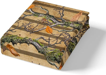 Tree Branches Kids Fitted Sheet Queen Size,Wild Jungle Botanical Leaves Rustic Bedding Set,Boys Girls Room Decor,Hunter Cabin Geometric Stripes Bed Cover,Brown Bed Sheet,2 Pillowcases(No Top Sheet)