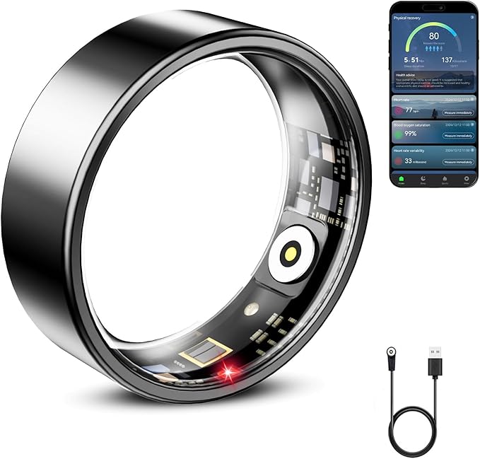 Mirlray Smart Ring for Women & Men, Smart Ring Health Tracker, Blood Oxygen & Heart Rate Monitor Sleep Ring, Waterproof Fitness Ring, Long Lasting Battery Smart Rings (R01, Black, #8)