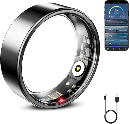 Mirlray Smart Ring for Women & Men, Smart Ring Health Tracker, Blood Oxygen & Heart Rate Monitor Sleep Ring, Waterproof Fitness Ring, Long Lasting Battery Smart Rings (R01, Black, #8)