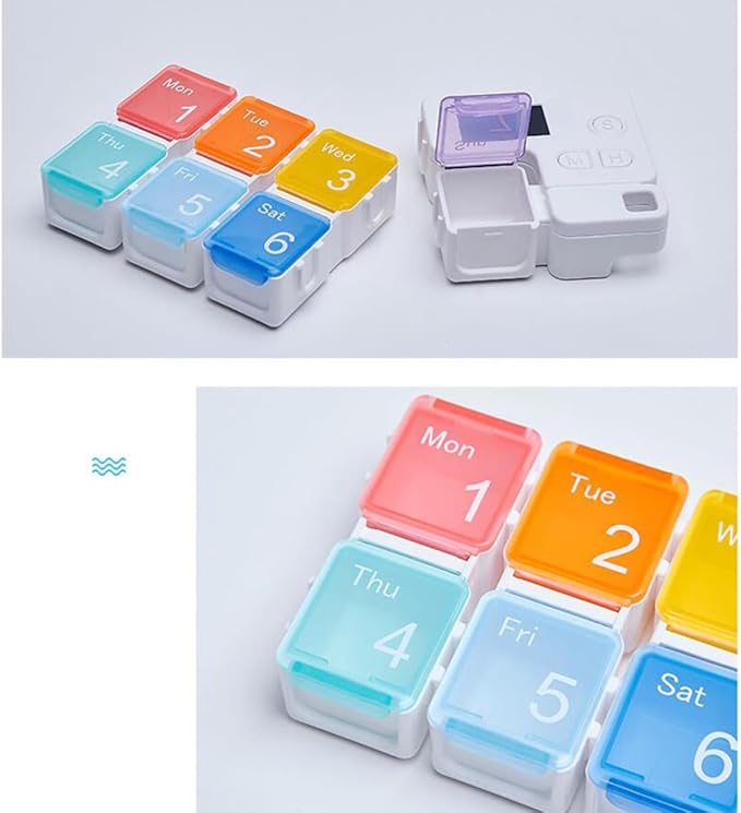 Weekly Colorful 7 Compartments Pill Organizer with Alarm Reminder Plastic Storage Case for Travel Home Daily Medication Management