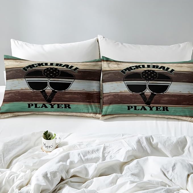 Pickleball Kids Sheet Queen Size,Geometric Wooden Plank Rustic Bedding Set,Boys Girls Room Decor,American Tennis Sports Competition Games Brown Bed Sheet Set 4pcs(Fitted + Flat + 2 Pillowcases)