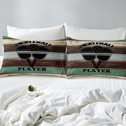 Pickleball Kids Sheet Queen Size,Geometric Wooden Plank Rustic Bedding Set,Boys Girls Room Decor,American Tennis Sports Competition Games Brown Bed Sheet Set 4pcs(Fitted + Flat + 2 Pillowcases)