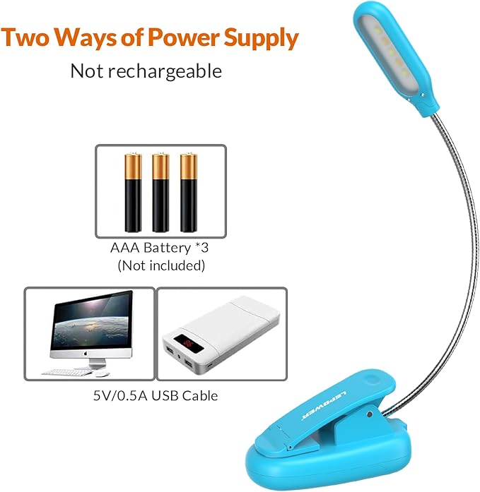 LEPOWER Clip on Book Light/Reading Light/Clip Light with 5 LED Eye Care, 3 Color Changeable, Portable Reading Lamp, Battery Operated, Bed Lights for Kids, Bookworms, Students(Blue)