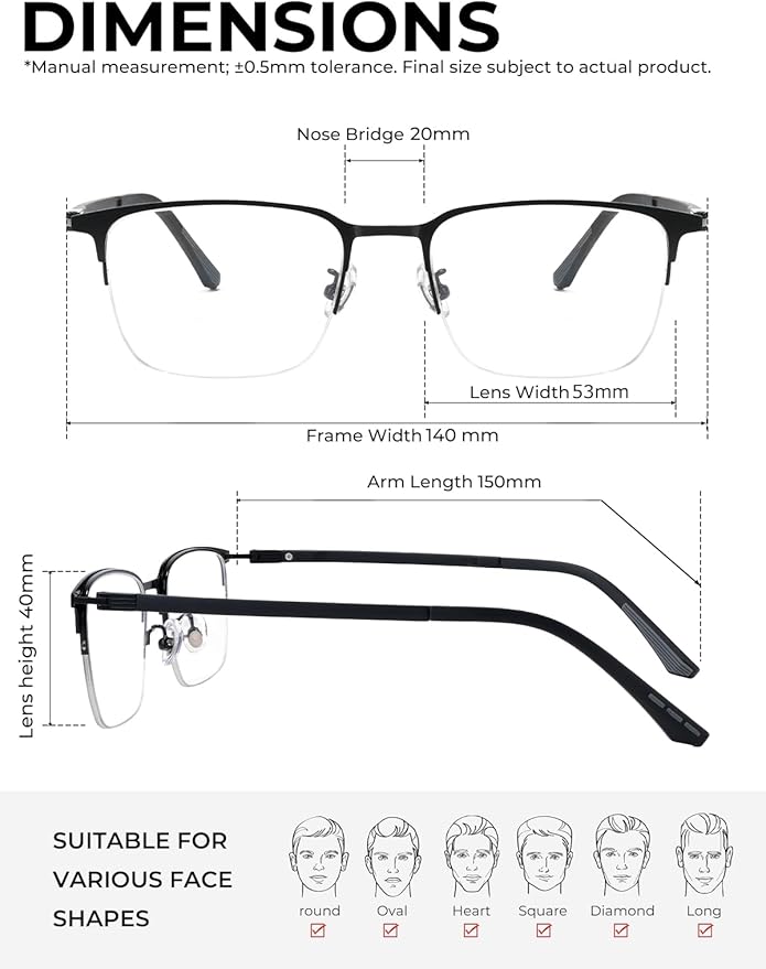Blue Light Blocking Glasses Men Computer Gaming Glasses Rectangle Metal Semi-rimless Black Frame Anti Glare/UV400 Clear Lens