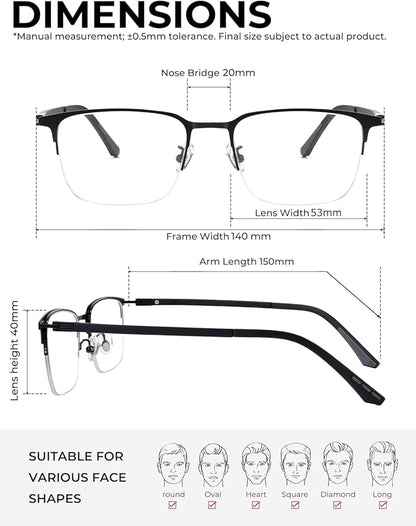 Blue Light Blocking Glasses Men Computer Gaming Glasses Rectangle Metal Semi-rimless Black Frame Anti Glare/UV400 Clear Lens
