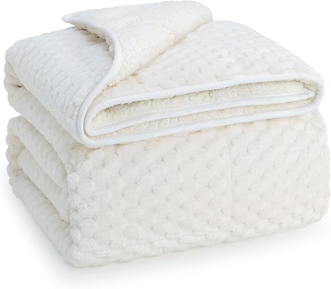 Super Soft Luxury Fleece Sherpa Weighted Blanket 15 lbs for Adults, Turtle Shell Fuzzy Cozy Warm Weighted Throw for Winter, Ceramic Beads Washable Heavy Blankets for Couch Bed, Cream White, 48"x72"