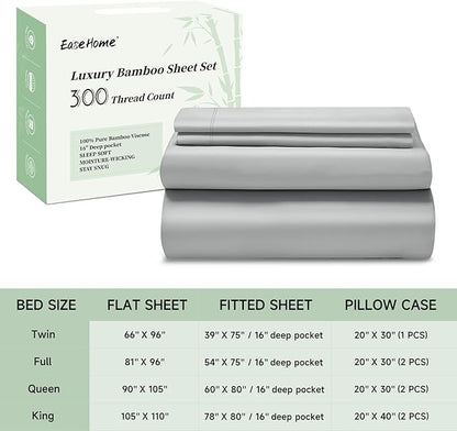 EaseHome King Cooling Sheets, Rayon Derived from Bamboo, Deep Pocket Up to 16", Soft King Size Bed Sheets, Luxury Bedding Sheets & Pillowcases, Light Grey