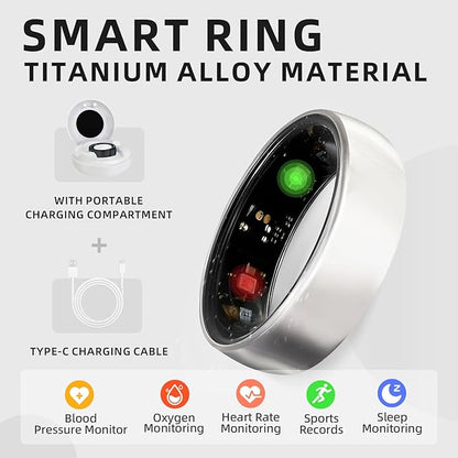 Smart Ring Titanium Fitness Sleep Tracker Health Monitoring Blood Pressure Blood Oxygen for iPhone and Android 7 Days Batterty Life (Silver, 12) Full Charge First Use