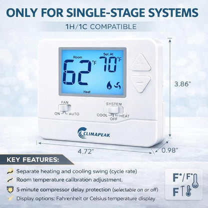 Non-Programmable Thermostat (Batteries Included) for Home 1 Heat/1 Cool Conventional Single-Stage Systems Blue Backlight (DIY Friendly)