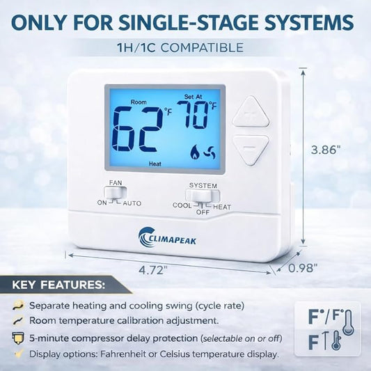 Non-Programmable Thermostat (Batteries Included) for Home 1 Heat/1 Cool Conventional Single-Stage Systems Blue Backlight (DIY Friendly)