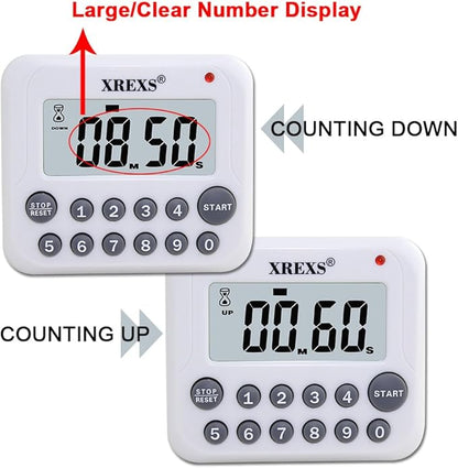 XREXS Digital Kitchen Timer Magnetic Countdown Up Cooking Timer Clock with Magnet Back and Clip, Loud Alarm, Large Display Minutes and Seconds Directly Input-White (2 Pcs, Battery Included) PS-367