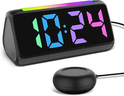 Netzu Alarm Clocks for Bedrooms Heavy Sleepers, Vibrating Alarm Clock with Bed Shaker, Night Light, RGB Display, Dimmer, Snooze for Hearing Impaired People (Black)