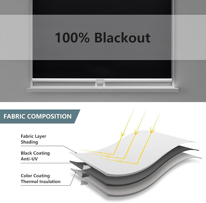 AOSKY Cordless Roller Shades Blackout Blinds for Windows Room Darkening Rolled Up Shades with Spring System, UV Protection Window Shades Door Blinds for Home and Office (15" W x 64" H, Black)