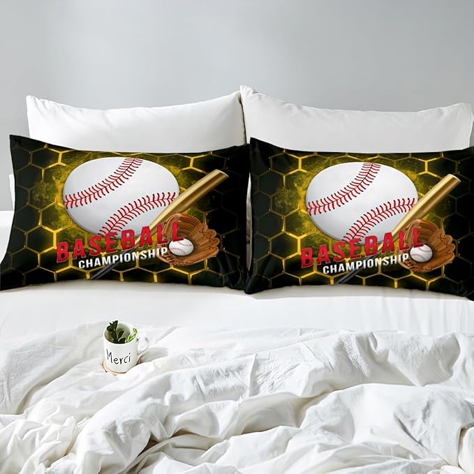 Manfei Baseball Sheet Set Full Size, Abstract Geometric Gold Honeycomb Bedding Set for Kids Boys Room Decor, Sports Theme Bed Sheet Set 4pcs with Deep Pocket Fitted Sheet + Flat Sheet + 2 Pillowcases