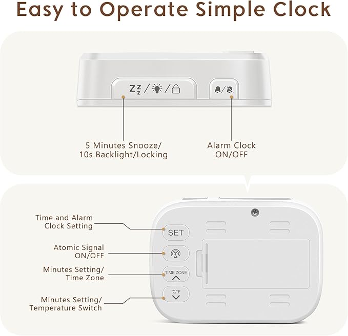 Geevon Small Digital Atomic Alarm Clock for Bedroom, Portable Battery Operated Travel Desk Clock for Heavy Sleepers, with 10s Backlight, Temperature, 3 Inch Display, White