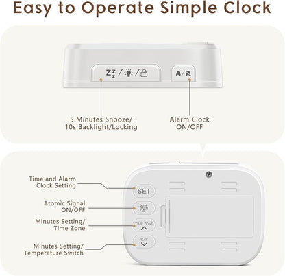 Geevon Small Digital Atomic Alarm Clock for Bedroom, Portable Battery Operated Travel Desk Clock for Heavy Sleepers, with 10s Backlight, Temperature, 3 Inch Display, White