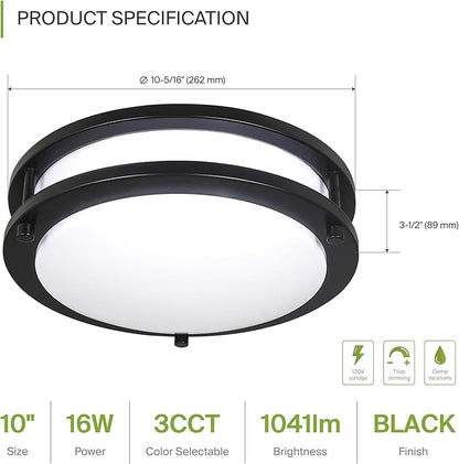 ASD LED 10" Round Flush Mount Lighting, Close to Ceiling Light Fixture | 3CCT, Dimmable, Energy Star, ETL Listed | 16W 1041LM 3000K-5000K 120V | Low Profile Double Ring Lamp | Black