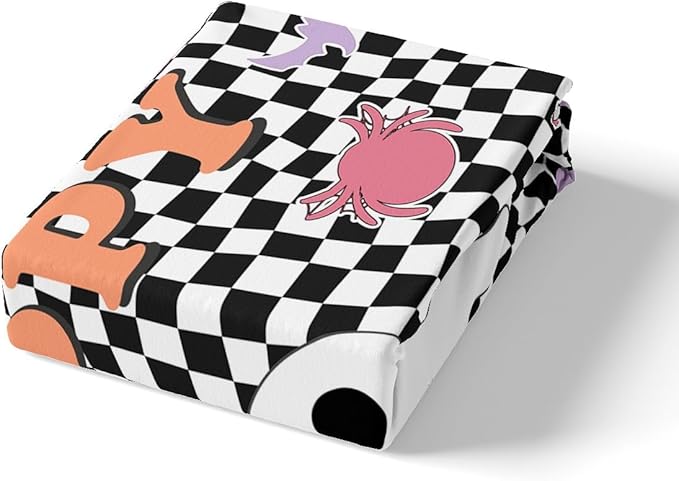 Happy Halloween Bedding Set Full Size,Geometric Black White Plaids Patchwork Fitted Sheet,Cartoon Ghost Bat Spider Graffiti Sheet Set for Kids Teens Adults Bedroom Decor,2 Pillowcases