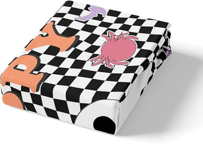 Happy Halloween Fitted Sheet Twin Size,Geometric Black White Plaids Patchwork Bed Sheet with 1 Pillowcase,Cartoon Ghost Bat Spider Graffiti Soft Decorative Fabric Bedding,Room Gift