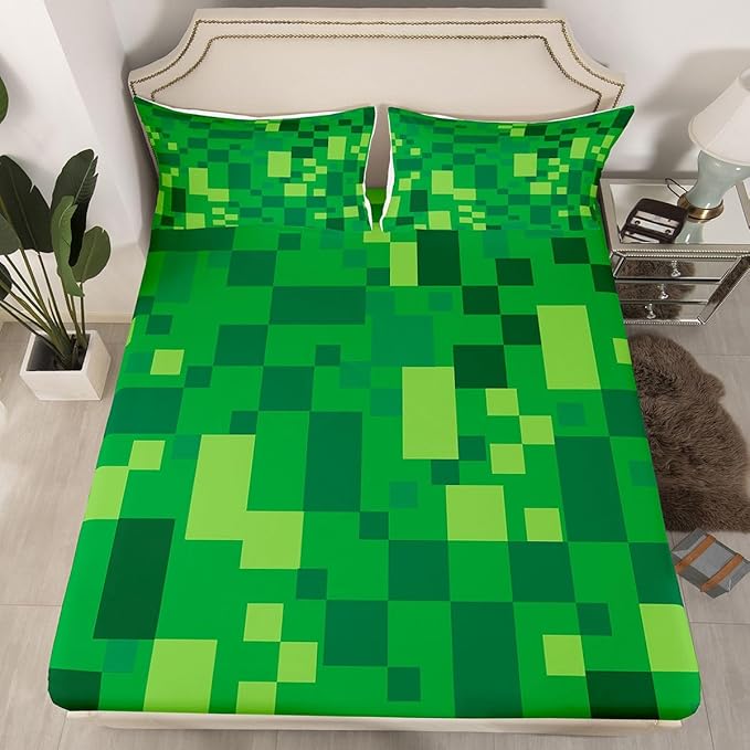 Pixelated Check Boys Girls Bed Sheets,Patchwork Grid Video Games Room Decor,Lattice Geometric Abstract Kids Twin Size Fitted Sheet,Green Bedding Set,1 Pillowcase(No Flat)
