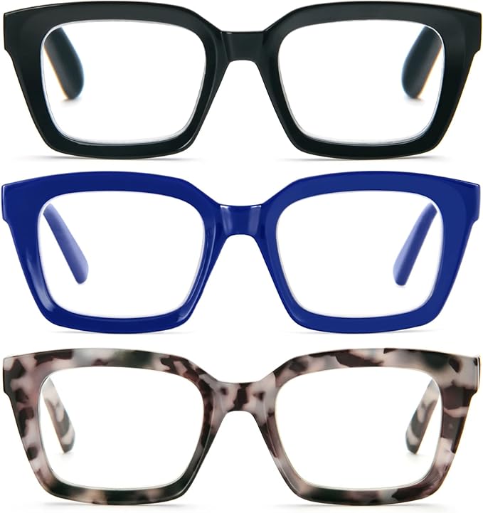 REAVEE 3 Pack Oprah Style Oversized Reading Glasses for Women Men Blue Light Blocking, Ladies Stylish RetroSquare Large Computer Readers (Black Blue Grey Leopard 3.0x)