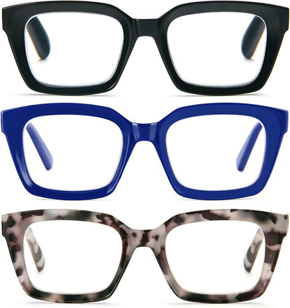 REAVEE 3 Pack Oprah Style Oversized Reading Glasses for Women Men Blue Light Blocking, Ladies Stylish RetroSquare Large Computer Readers (Black Blue Grey Leopard 3.0x)