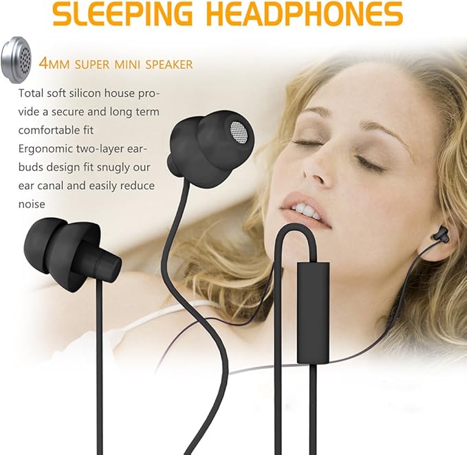 MAXROCK (TM Unique Total Soft Silicon Sleeping Headphones Earplugs Earbuds with Mic for Cellphones,Tablets and 3.5 mm Jack Plug (Black)