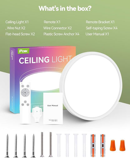Pak 12 Inch LED Flush Mount Ceiling Light Fixture with Night Light, 24W Modern Ultra-Thin Ceiling Lamp with Remote, 2400LM Dimmable, 2700K-6500K Adjustable Color Temperature, for Bedroom Living Room