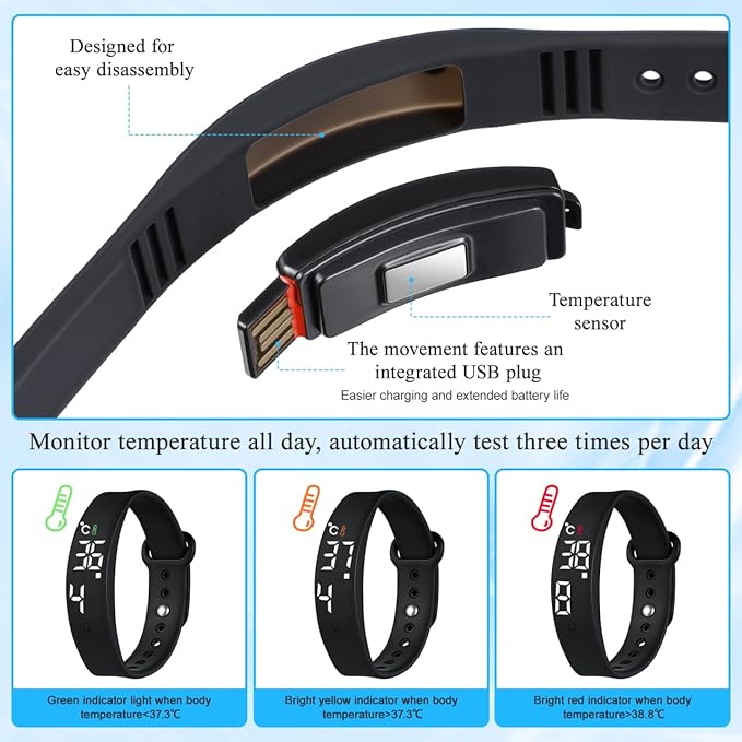 Vibrating Alarm Wristband Bracelet with Pedometer Sleep Vibration Alarm Black Accurate Step Counting Real Temperature LED Display for Fitness Tracking