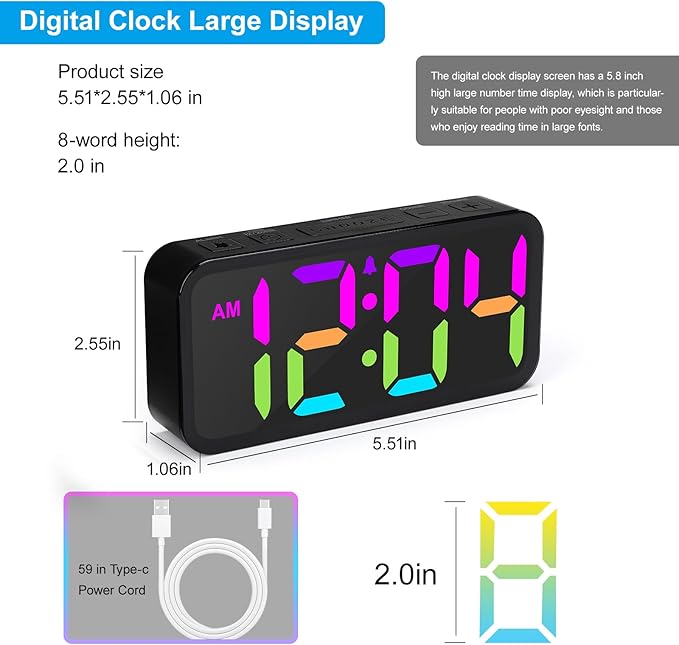 Alarm Clocks for Bedrooms Heavy Sleepers - Snooze for Deep Sleepers Adults Home Office, Digital Alarm Clock with Type-C Charging Port, Large Bold Number Display, Adjustable Alarm Volume and Dimmer