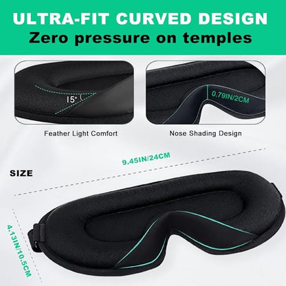 3D Sleep Mask for Side Sleepers, Blackout & Zero Pressure - Breathable Memory Foam, Adjustable Strap - for Travel, Yoga & Meditation Black