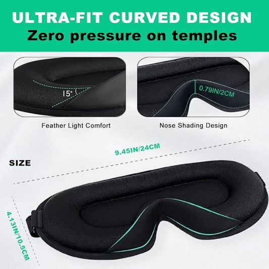 3D Sleep Mask for Side Sleepers, Blackout & Zero Pressure - Breathable Memory Foam, Adjustable Strap - for Travel, Yoga & Meditation Black