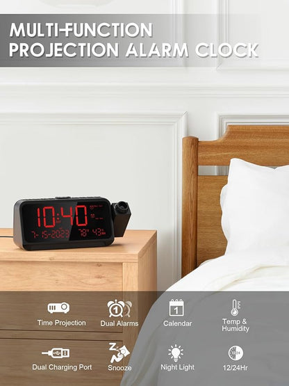 ROCAM Projection Clock for Bedroom, Digital Clock with 180° Projector on Ceiling with 5-Level Dimmer, Dual Loud Alarm Clock with Weekend/Weekday Mode, Date, Temp, Humidity, Night Light, Snooze