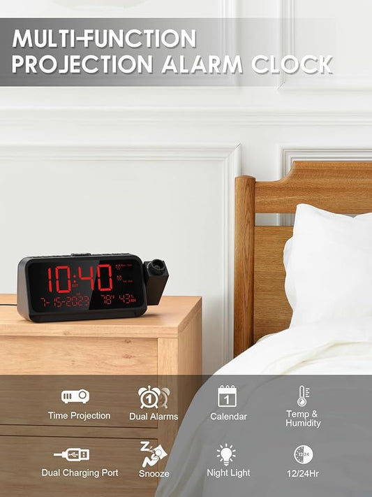 ROCAM Projection Clock for Bedroom, Digital Clock with 180° Projector on Ceiling with 5-Level Dimmer, Dual Loud Alarm Clock with Weekend/Weekday Mode, Date, Temp, Humidity, Night Light, Snooze