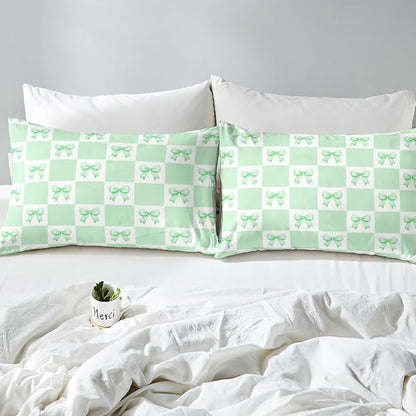 Green Bowknot Fitted Sheet Twin Size,Geometric Green White Plaids Grids Patchwork Bed Sheet with 1 Pillowcase,Princess Bow-tie Dreamy Girly Bow Soft Decorative Fabric Bedding,Room Gift