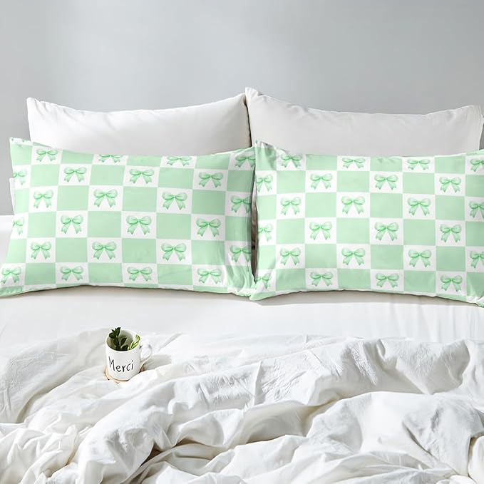 Green Bowknot Fitted Sheet,Geometric Green White Plaids Grids Patchwork Sheet Set for Adults Ultra Soft Room Gift,Princess Bow-tie Dreamy Girly Bow Bedding Set with 2 Pillowcases,Queen Size