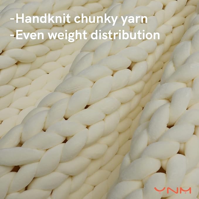 YnM Velvet Weighted Blanket, Handmade Chunky Knitted Design, Soft and Cozy, Temperature Regulating and Breathable, Machine Washable Throw for Sleep or Home Decor (Cream, 60x80 Inch, 20lbs)