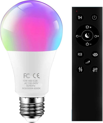 RGBCW LED Bulb with a 2.4GHz Remote Control, A60 12W 1000lm Color Changing Smart Light Bulb for Lamp, Bderoom, Mood Soothing,100W Equivalent,Dimmable 1% to 100% 3000-6500K,1 Bulb & Remote