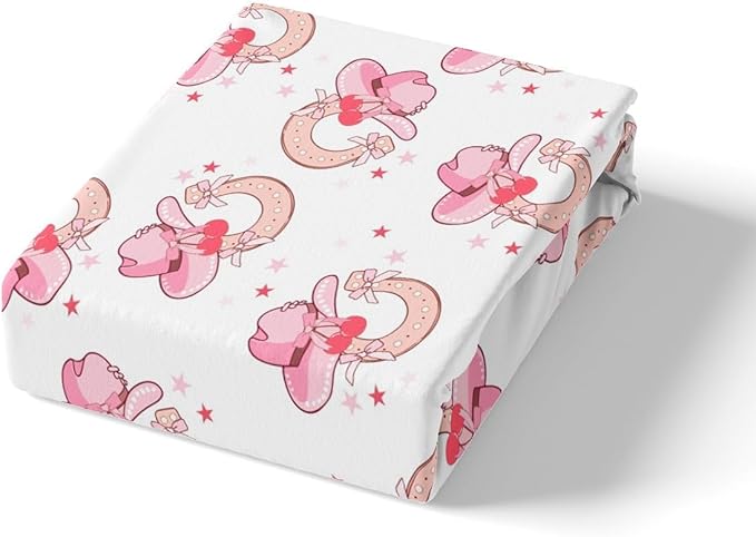 Western Cowgirl Fitted Sheet,Tribal Pink Horseshoe Hats Starry White Sheet Set for Ultra Soft Room Gift,Cartoon Princess Style Bowknots Cherry Bedding Set with 2 Pillowcases,Queen Size