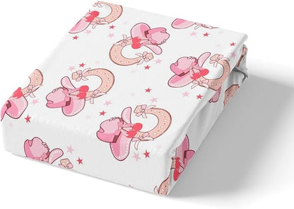 Western Cowgirl Fitted Sheet,Tribal Pink Horseshoe Hats Starry White Sheet Set for Ultra Soft Room Gift,Cartoon Princess Style Bowknots Cherry Bedding Set with 2 Pillowcases,Queen Size