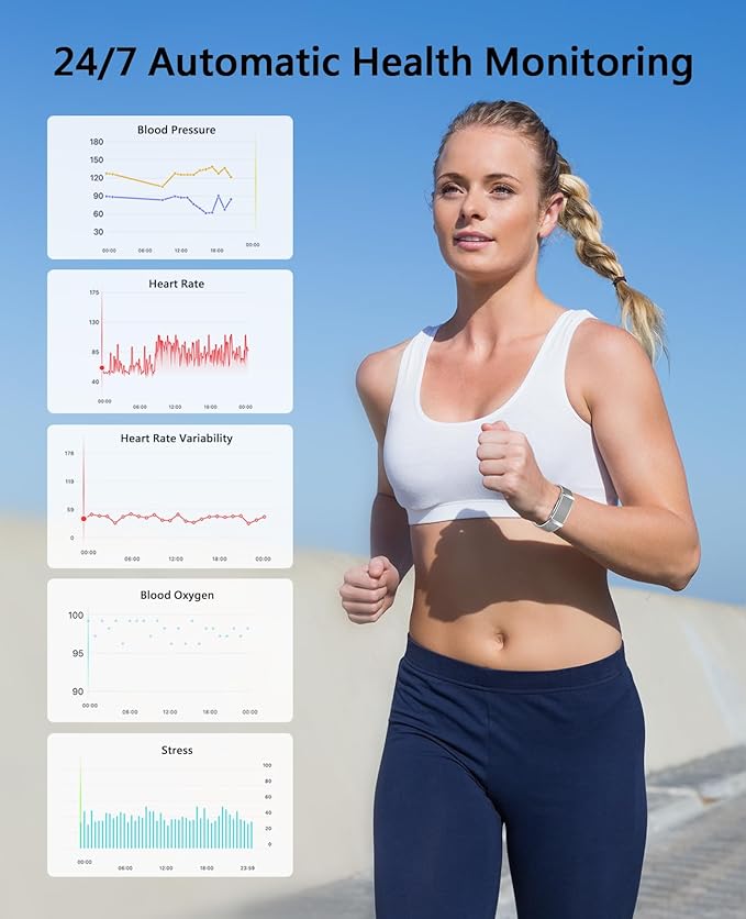 Smart Bracelet for Men Women, Health Activity Fitness Trackers, 24H Sleep Tracker, 24/7 Continuous Heart Rate/Blood Pressure/HRV/Stress Monitor, 170+ Sports Modes Smart Wristband with 2 Bands Free APP